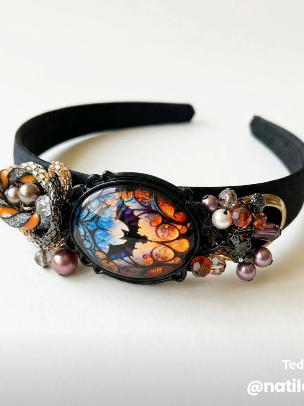 Black Headband with Orange & Purple Bat Cameo and Beaded Accents